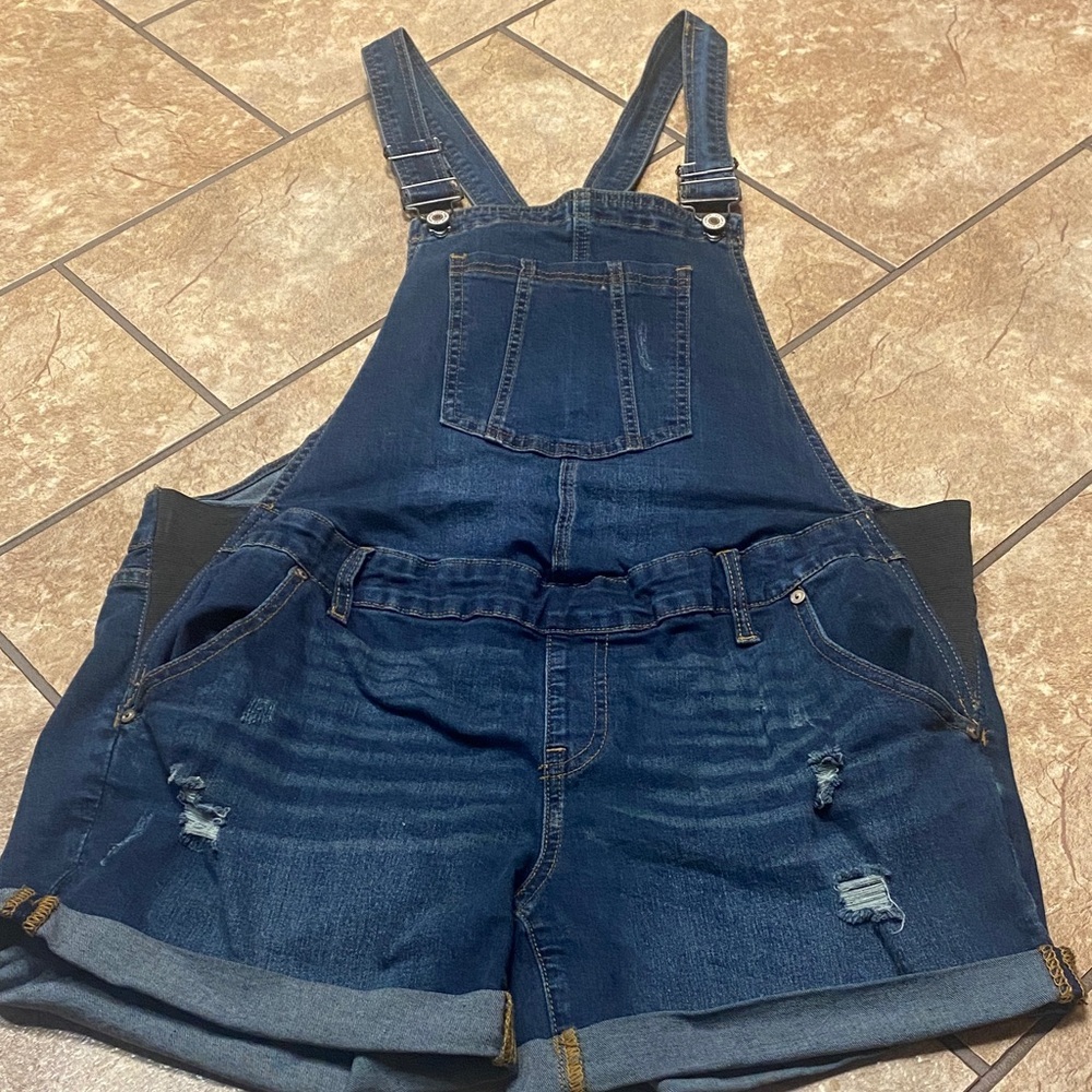 KanCan Indigo Denim Maternity Overall Shorts with Gold Stitching Large